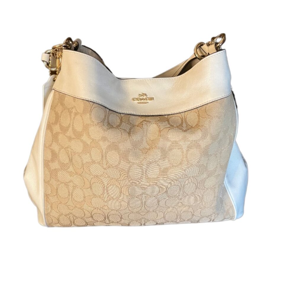Coach Cream & Tan Signature C Logo Jacquard Lexy Shoulder Bag Lots of Storage